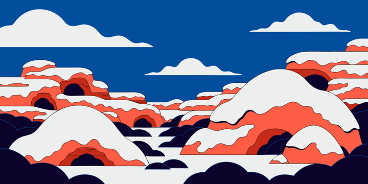 Illustration of a surreal landscape with white and red clouds and rocky formations under a blue sky eye catching landscape illustration background abstract creative imaginary formations