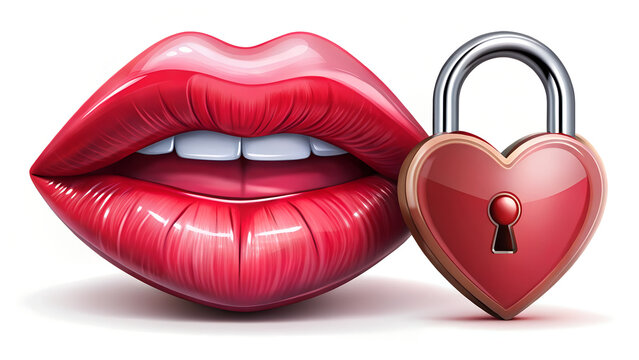 Realistic red lips with heart shaped lock symbol for love and security