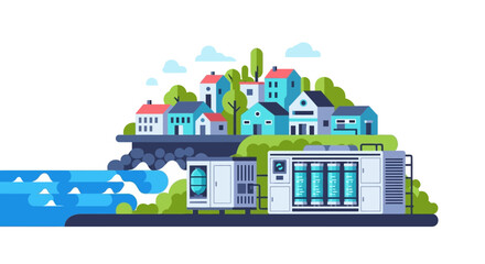 Obraz premium Sustainable Water Desalination Plant for Coastal Community Illustration - Flat Vector Concept of Clean Energy and Environmental Infrastructure for Smart Cities