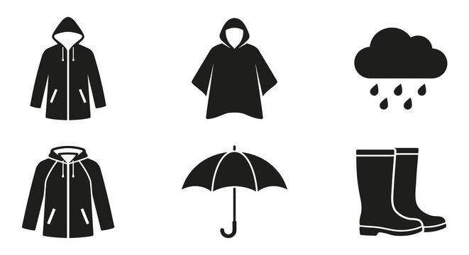 Rainwear Collection Including Coats Poncho Umbrella And Boots Silhouette