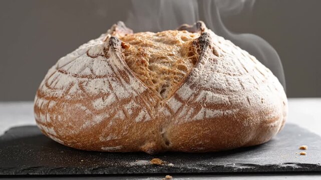 Freshly baked sourdough bread with steam on a dark slate surface, isolated white background, wholesome artisan bakery