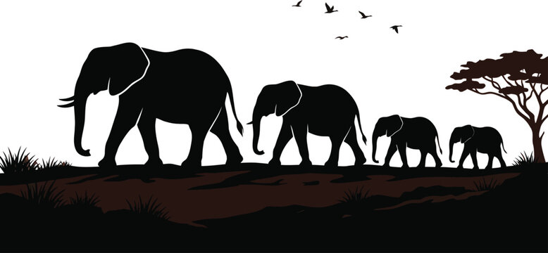 Elephant family silhouette walking across the African savanna landscape vector illustration representing wildlife conservation, safari travel tour, and nature wilderness concept.