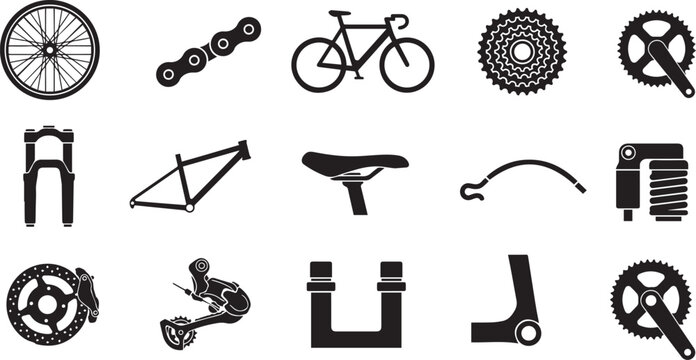 bicycle parts and accessories icons in black and white colors