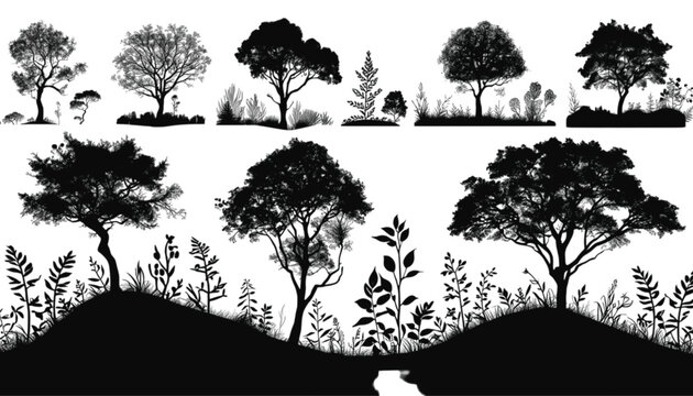 Trees arranged in a collection of diverse forest silhouettes provide a versatile graphic element for nature themed design projects that require high contrast imagery and artistic botanical.