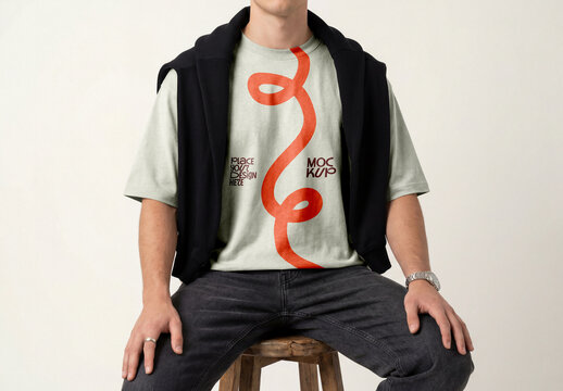 Oversized T-Shirt Mockup on Seated Man with Sweatshirt Over Shoulders