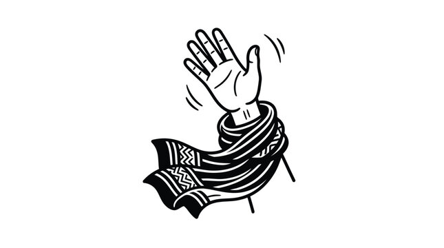Hand waving gesture wearing patterned scarf line art on white background, EPS vector illustration