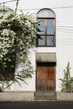 Exterior double story building with bougainvillea in Sri Lanka