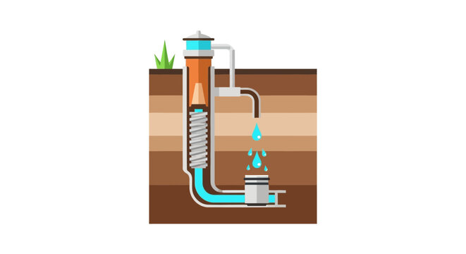 Water Well Pump System Diagram Illustration showing Groundwater Extraction and Underground Soil Layers for Irrigation and Plumbing Concepts