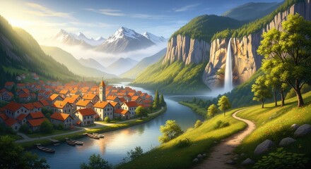Fototapeta premium Scenic alpine village nestled in a lush green mountain valley.