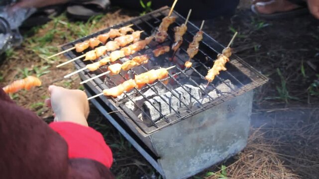 Chicken satay skewers grilling over glowing hot charcoal on an outdoor barbecue rack during a cooking session