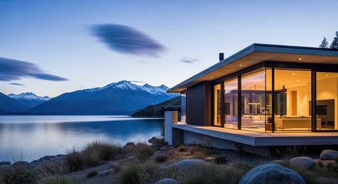 Modern waterfront home at twilight with mountain view.