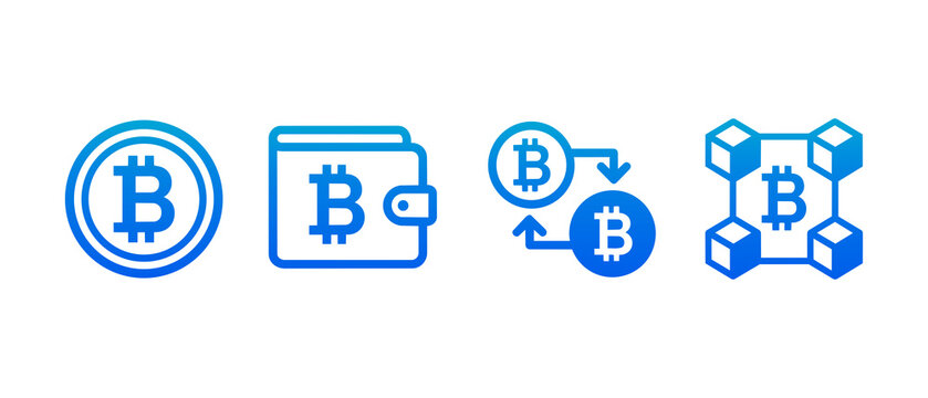Set of bitcoin icons including coin, wallet, exchange and blockchain isolated on transparent background