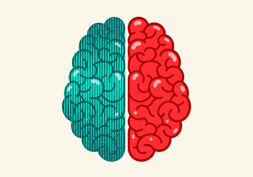 Illustration of a brain divided into green binary code and red halves on beige background