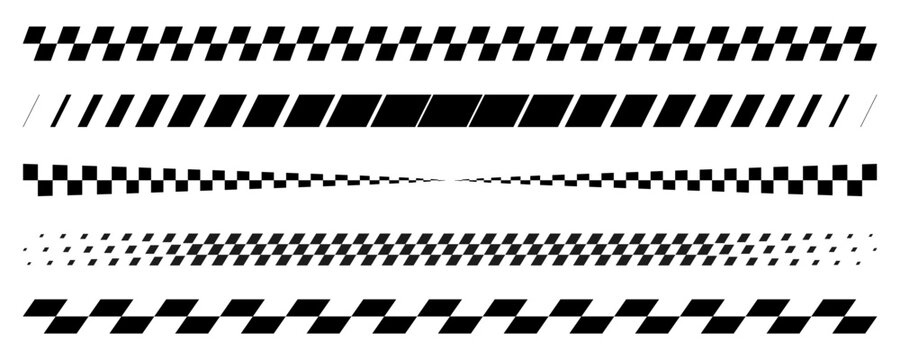 Race flag checker lines set, rally border banner texture, motorsport black and white start or finish ribbon, car race track grid pattern