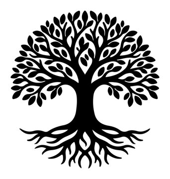 Black silhouette of the Tree of Life a circular vector illustration symbolizing growth and connection isolated on a white background
