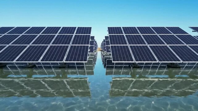 Rows of floating solar panel arrays installed on clear blue water with symmetrical reflections. Renewable energy photovoltaic modules on a calm lake surface under a clear sky.