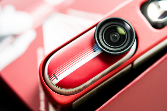 Bangkok, Thailand - June 21, 2026 : Insta360 GO 3S Retro Bundle Action Camera a bold Classic Red.