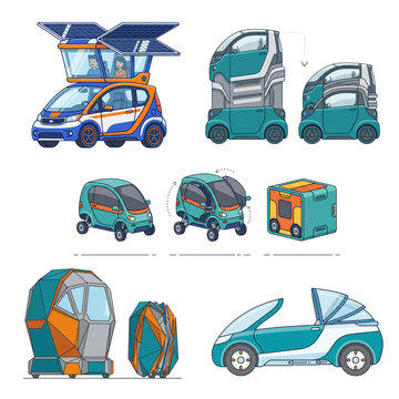 Modular microcar set featuring expandable and collapsible urban capsule transportation designs isolated vector illustration