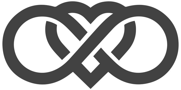 Minimalist Charcoal outline infinity heart symbol intertwined with a forever loop knot, eternal love polyamory and endless relationship geometric graphic isolated on transparent PNG background