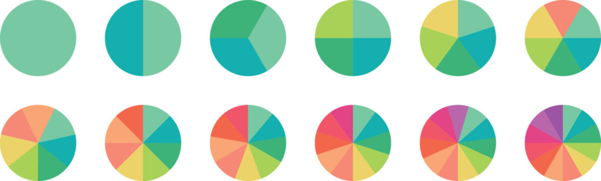 Pie chart color icons. Circle section graph. Circle pie chart. 2,3,4,5,6,7,8,9,10,11,12 sections or steps. Pie chart color icons