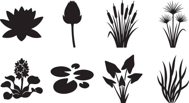 Water plants black silhouettes set including lotus lily cattail and papyrus isolated on white background