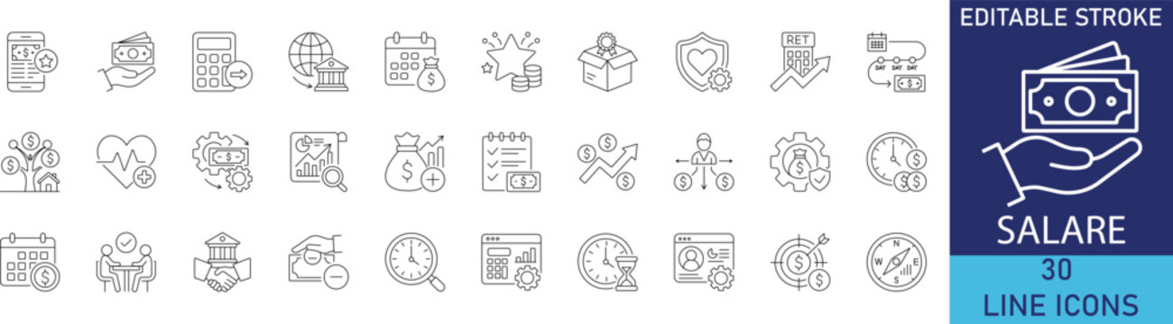 Salary payment and employee compensation line icon set. Vector symbols for monthly wages, payroll processing, income bonus, financial revenue, and payroll tax deductions.