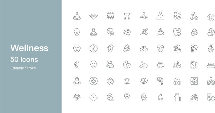 Comprehensive Set of Fifty Linear Wellness and Healthy Lifestyle Icons Featuring Yoga Meditation Nutrition and Self Care Symbols