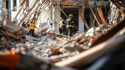 Fototapeta na wymiar Rescue workers are searching for survivors in the rubble of a collapsed building after a devastating earthquake, highlighting the critical role of first responders in disaster relief efforts