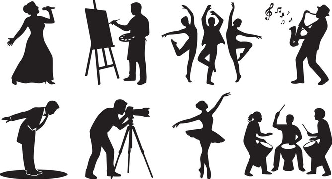 Creative Arts and Entertainment Performance Silhouette Set Featuring Musicians Dancers Painter Photographer and Stage Actors