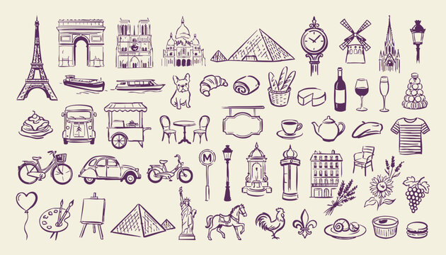 Hand drawn travel and Paris doodle vector illustration set with landmarks food and vacation icons collection
