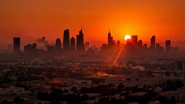 Warm summer evening, vibrant orange sky above a hazy metropolitan panorama, sun setting over towering urban skyscrapers, dramatic atmospheric glow across the scorching city