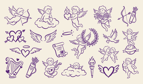 Hand drawn cupid and angel doodle vector illustration set with hearts wings and romantic Valentine elements
