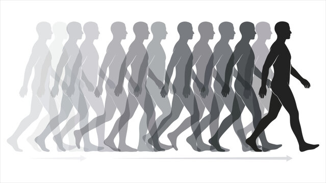 Stroboscopic Walking Motion Sequence Vector Illustration with Overlapping Monochromatic Gradient Silhouette Stride Progression