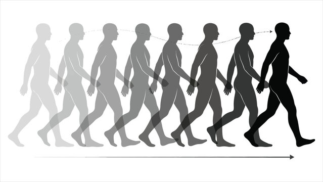 Stroboscopic Walking Motion Sequence Vector Illustration with Overlapping Monochromatic Gradient Silhouette Stride Progression
