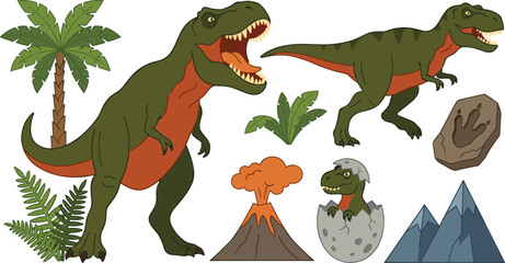 Tyrannosaurus Rex Dinosaur Vector Illustration Set with Roaring T-Rex, Hatching Baby Egg, Volcano, Palm Tree, Mountain, and Fossil Footprint for Prehistoric Designs © Lota
