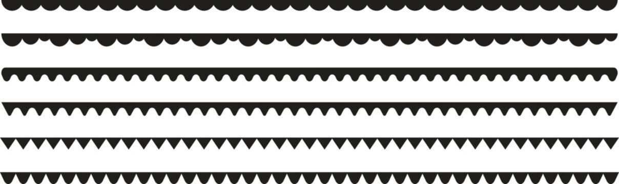 Scalloped edge seamless shapes. Scalloped border set. Black decorative lace and scalloped borders vector set.
