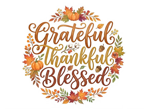 Grateful thankful blessed autumn leaves and pumpkins wreath isolated on transparent background