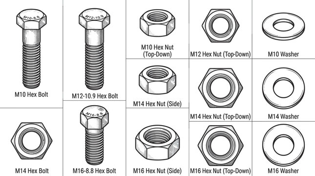 Technical sketch vector illustration set of metric hex bolts nuts and washers with detailed labels for industrial engineering blueprints