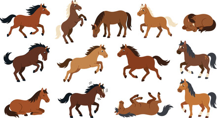 Fototapeta premium Cute Horse and Pony Cartoon Character Vector Illustration Set with Various Breeds and Poses Including Running, Jumping, Grazing, and Sleeping for Wildlife Designs