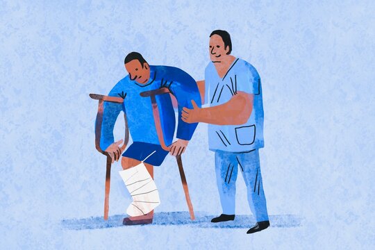 Medical Worker Helping Injured Man with Crutches
