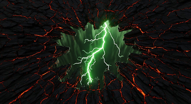 Green electrical lightning bolt striking through a glowing crack in a dark volcanic terrain with lightning volcanic dramatic abstract electric phenomenon