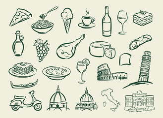Hand drawn Italian food and travel icons, vintage sketch set of 22 vector elements, rustic Mediterranean cuisine and landmarks collection © Saad Hassan