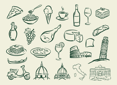 Hand drawn Italian food and travel icons, vintage sketch set of 22 vector elements, rustic Mediterranean cuisine and landmarks collection