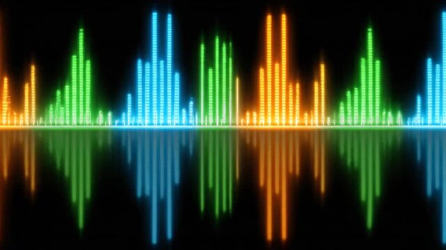 A colorful, glowing audio visualizer with three sections, reflected in water. Black background