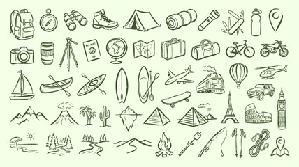 Hand drawn travel icons set, green sketch adventure elements vector, outdoor camping and tourism doodle collection for vacation planning © Saad Hassan