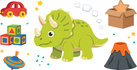 Cute Triceratops Dinosaur Toy Vector Illustration Set with Wooden Car, ABC Blocks, Spinning Top, Cardboard Box, Volcano, and Stars for Kids Room Designs © Lota