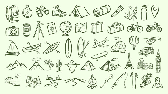 Hand drawn travel icons set, green sketch adventure elements vector, outdoor camping and tourism doodle collection for vacation planning