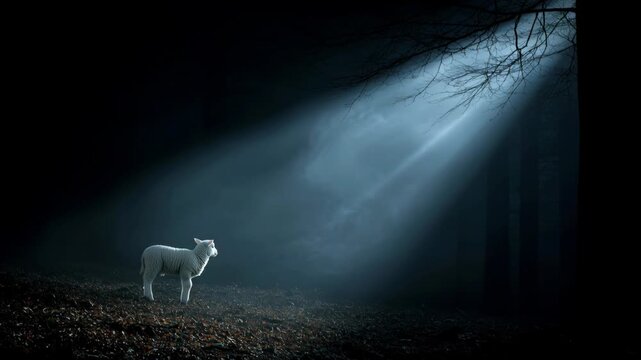 Jesus helps a lost sheep find its way in the dark woods with bright light shining through the trees