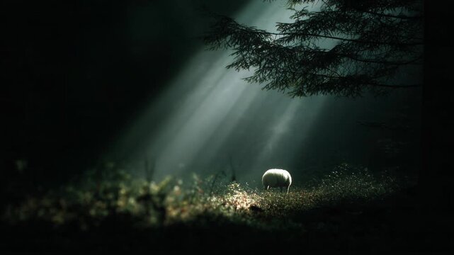 Jesus and the lost sheep in the forest during the morning light