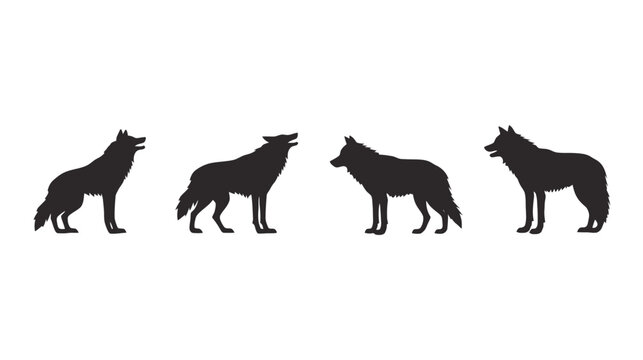 Wolf silhouette set of 4 howling and standing predators. Black coyote and timber wolf vector icons. Wild animal silhouettes for outdoor logos.